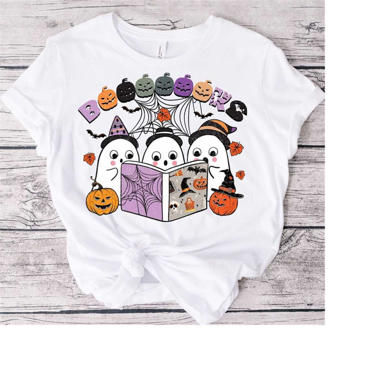 Cute Ghost Reading Book Halloween Tshirt, Fall Vintage Ghost Sweatshirt, Halloween Vibes Tee, Funny Halloween Party Gift.jpg
