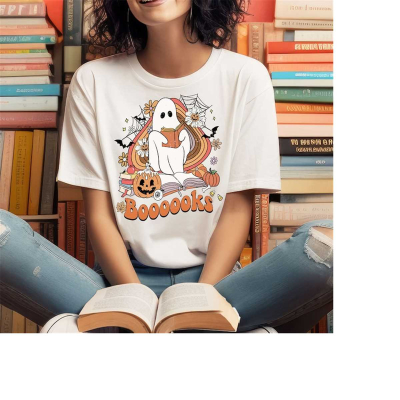 Halloween Cute Ghost Reading Book Tshirt, Fall Vintage Pumpkin Sweatshirt, Halloween Vibes Tee, Funny Halloween Party Gi.jpg