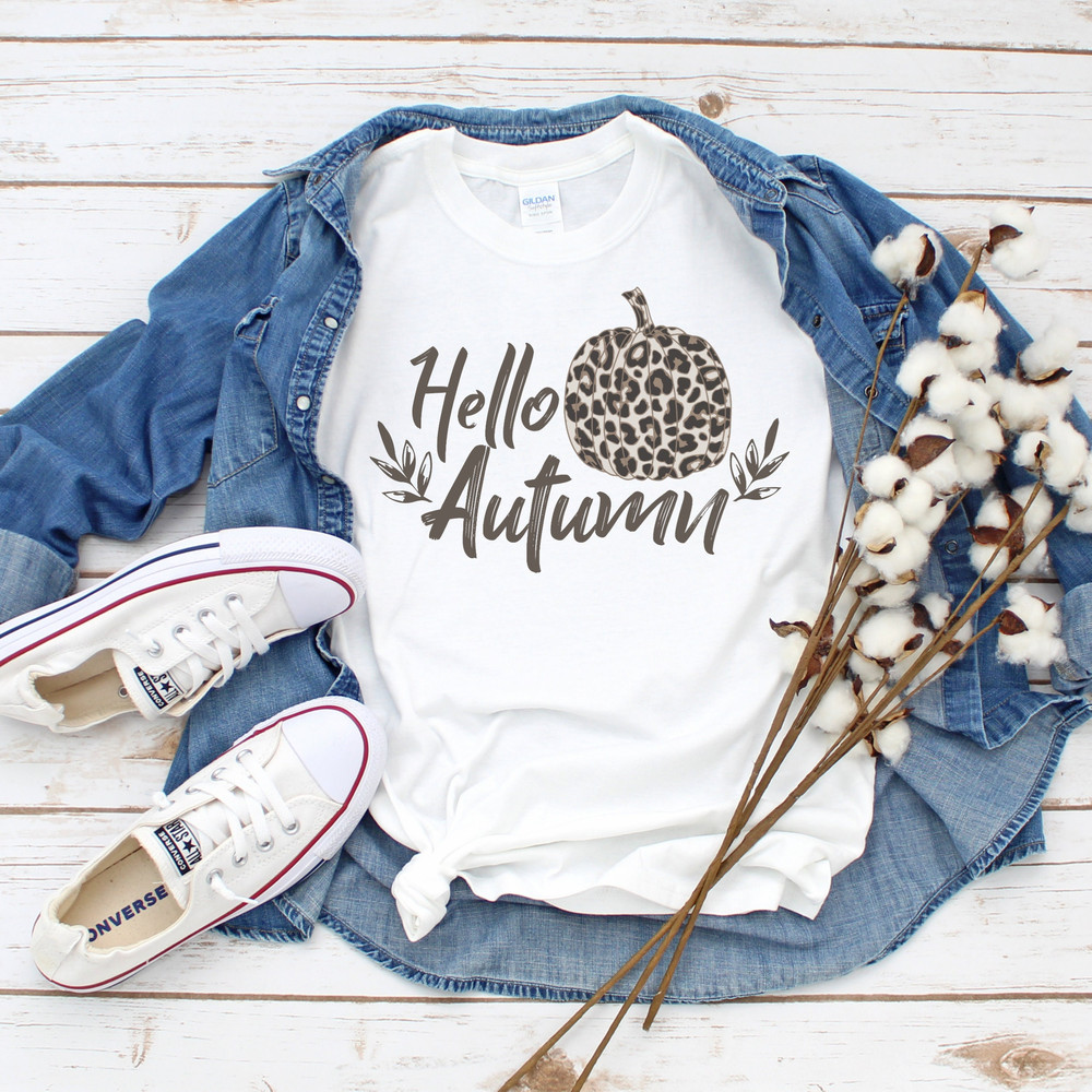Hello Autumn, Autumn vibes, Leopard pumpkin, Pumpkin T shirt, Cheetah pumpkin, Gift for her.jpg