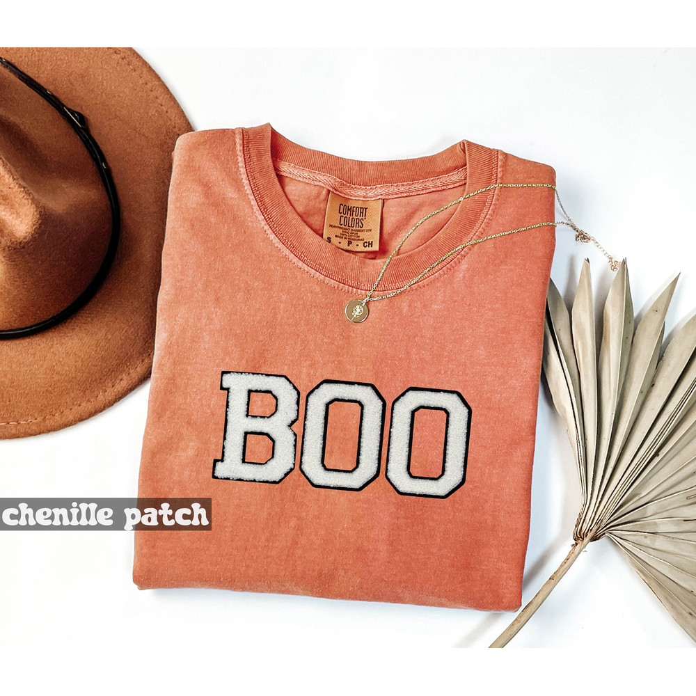 Chenille Patches Boo Shirt, Halloween Shirt, Comfort Colors Shirt Thankful Shirt, Fall Shirt, Pumpkin T-Shirt, Halloween Gift for her.jpg