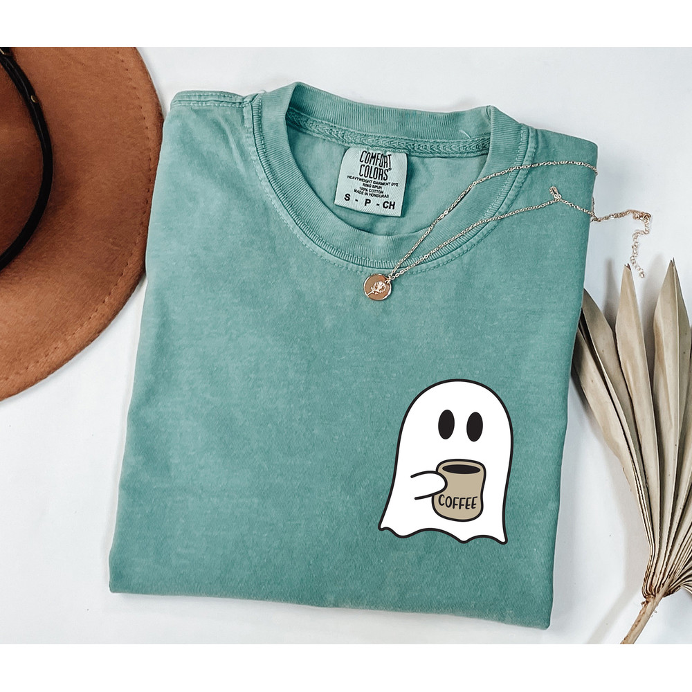 Comfort Colors®Cute Spooky Coffee Shirt, Womens Ghost Shirt, Spooky Season, Fall Coffee Lover Shirt, Halloween Party Shirt, Fall Graphic Tee.jpg