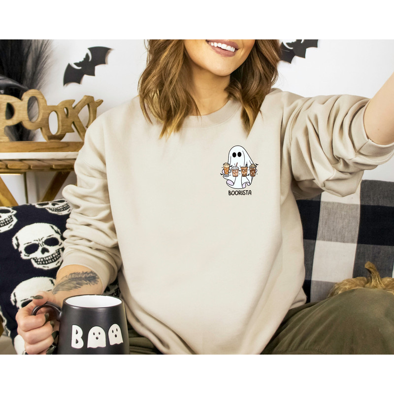 Barista Ghost Shirt, Boorista Ghost Pocket Size Shirt, Halloween Sweatshirt, Pocket Size Ghost Shirt, Ghost Coffee Shirt, Halloween Gift.jpg