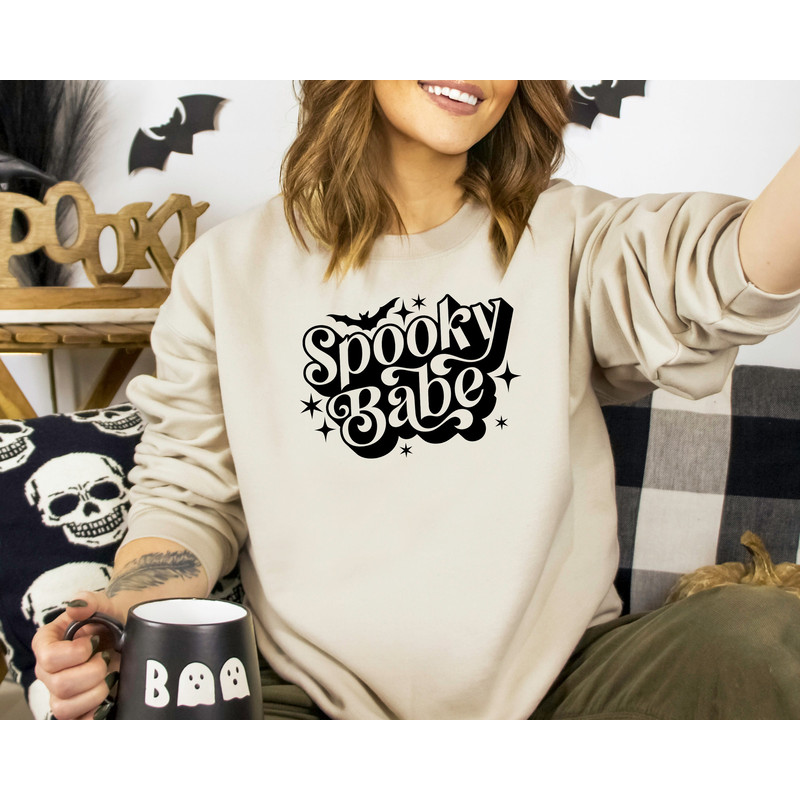 Spooky Babe Sweatshirt, Spooky Halloween Sweatshirt, Halloween Woman Sweatshirt, Halloween Bats Sweatshirt, Bat Shirt, Halloween Gift.jpg