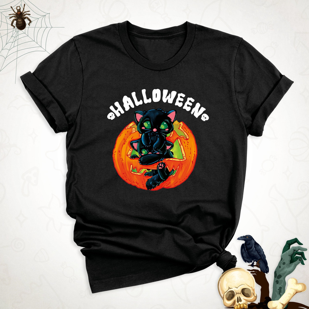 Black Kitten in Pumpkin Shirt, Halloween cat Shirt, Halloween Pumpkin Cat Shirt, Halloween Gifts for Cat Owner, Little Cat Shirt, Cat Lovers.jpg