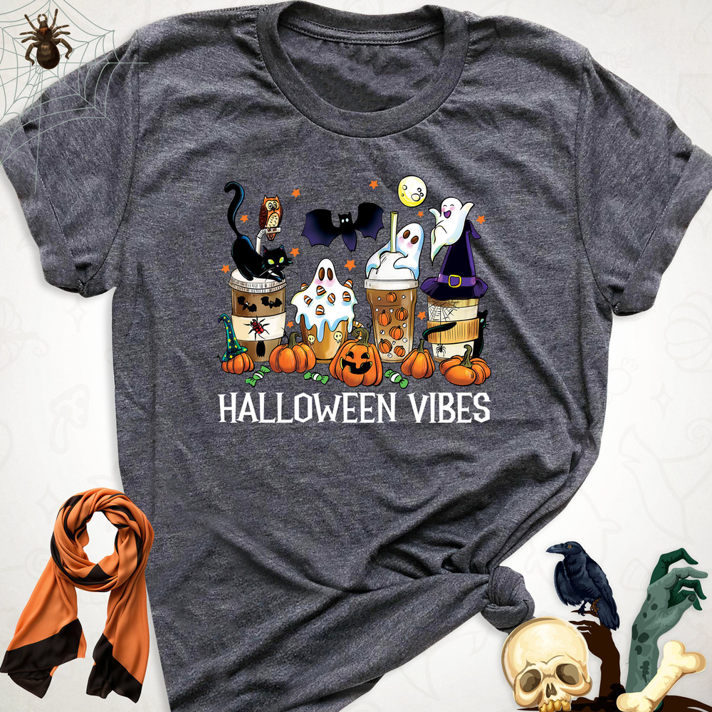 Halloween Vibes Pumpkin Coffee Ghost Shirt, Pumpkin Spice Monster Fall Shirt, Cute Halloween Fall Shirt, Scary Faces Coffee Lover Shirt.jpg