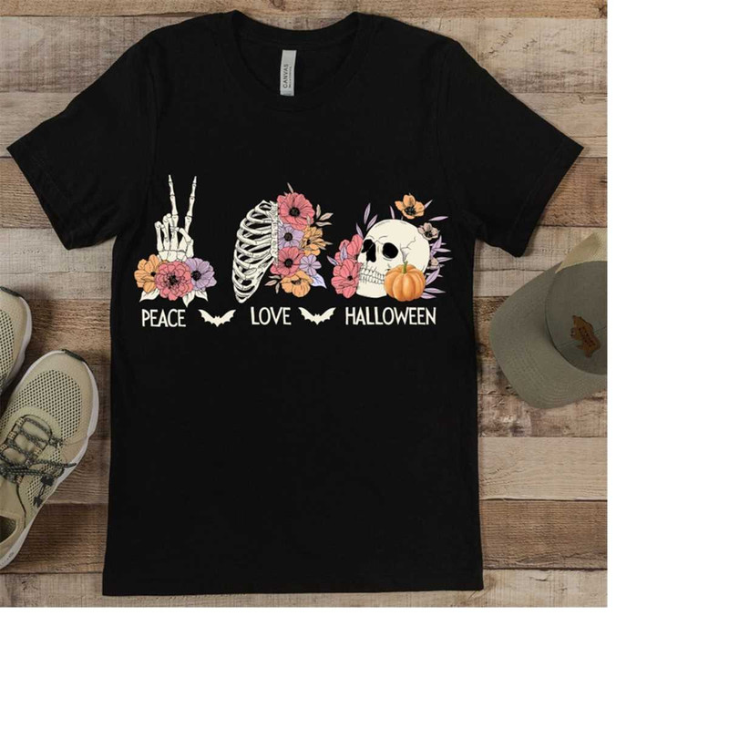 Peace Love Halloween Skeleton Tshirt, Vintage Fall Skeleton Sweatshirt, Halloween Cute Flower Tshirt, Halloween The Best.jpg