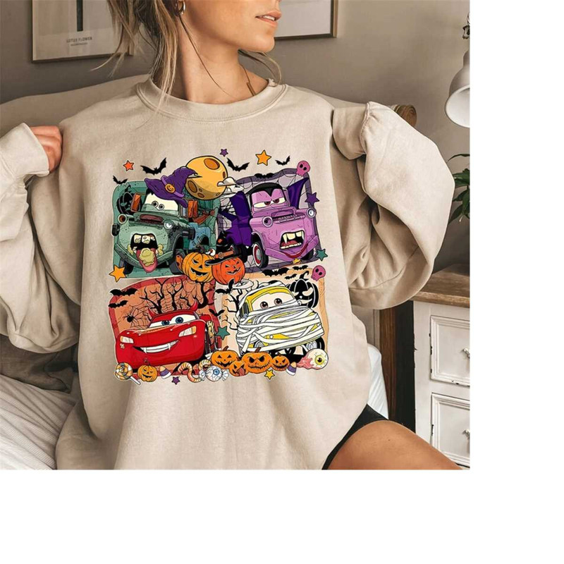 Vintage Disney Cars Characters Halloween Sweatshirt, Retro Disney Pixar Cars Halloween Shirt, Lightning Mcqueen Sweatshi.jpg