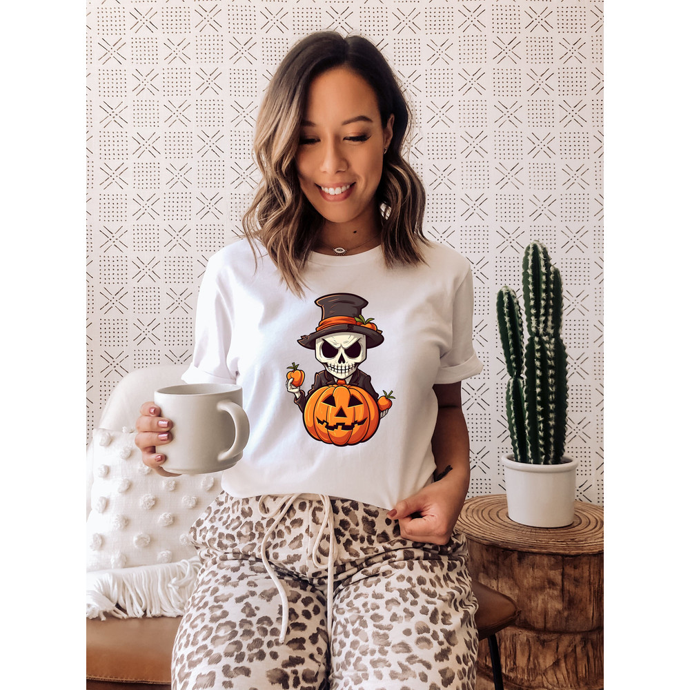 Halloween Skeleton Pumpkin Shirt Spooky Skeleton Shirt Trendy Fall Shirt for Women Gift For Halloween Gentleman Shirt Cute Autumn Tee.jpg