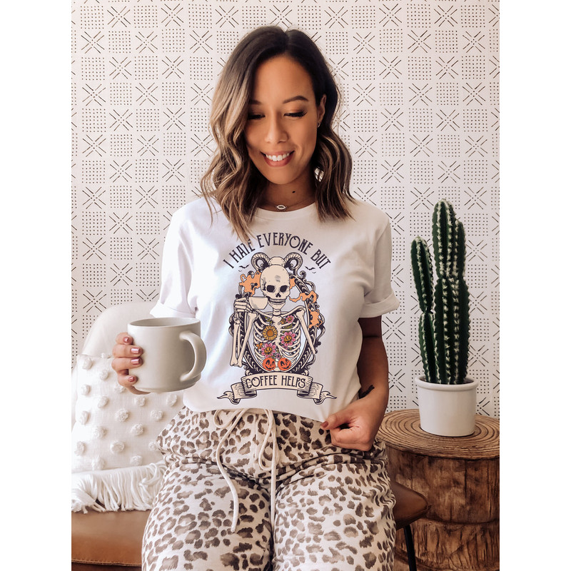 I Hate Everyone But Coffee Helps Skeleton Halloween Shirts Modern Spooky Season Shirts 2023 Halloween Party Wear Pumpkin Tee Coffee Lovers.jpg
