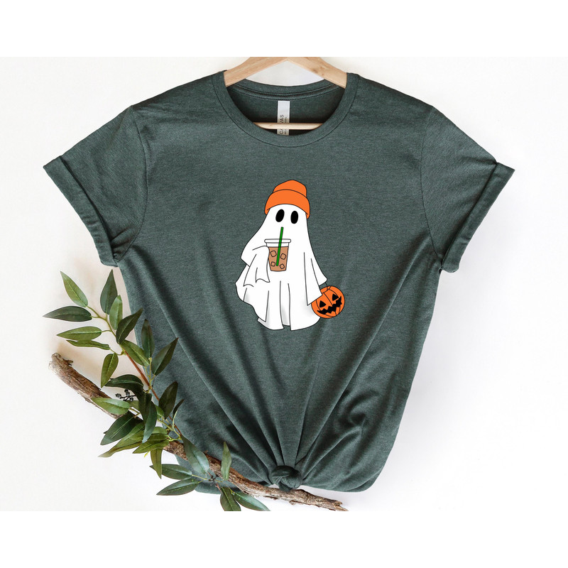 Cute Ghost Drinking Coffee Shirt, Ghost Ice Coffee Shirt, Spooky Season, Fall Coffee Lover Shirt, Halloween Party Shirt, Fall Graphic Shirt.jpg