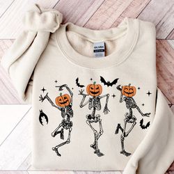 dancing skeleton sweatshirt, pumpkin skeleton graphic sweater, halloween skeleton sweatshirt, halloween gifts, fall hall