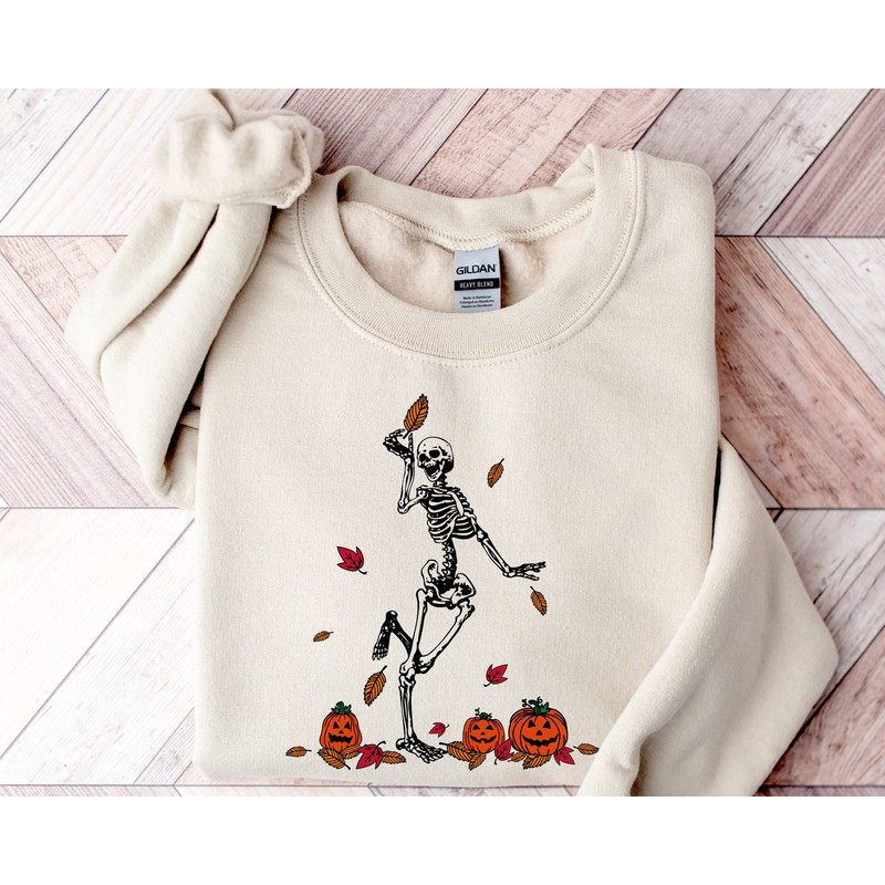 Dancing Skeleton Sweatshirt, Pumpkin Sweatshirt, Skeleton And Pumpkin Sweatshirt for Halloween, Fall Sweatshirt, Funny Halloween Hoodie.jpg