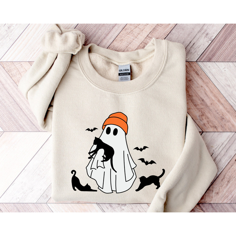 Ghost and Black Cat Halloween Sweatshirt, Black Cat Halloween Sweatshirt, Cute Ghost Halloween Shirt, Spooky Season, Womens Halloween Shirt.jpg