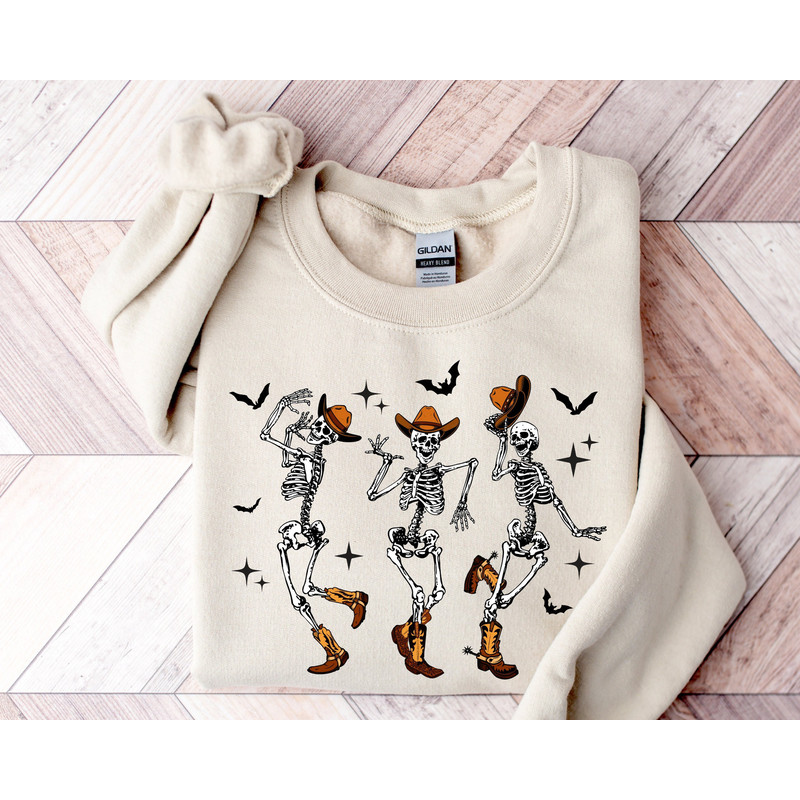 Halloween Dancing Skeleton Sweatshirt, Western Halloween Cow Sweatshirt, Halloween Cowboy Shirt, Halloween Tee, Halloween Cow, Halloween Tee.jpg