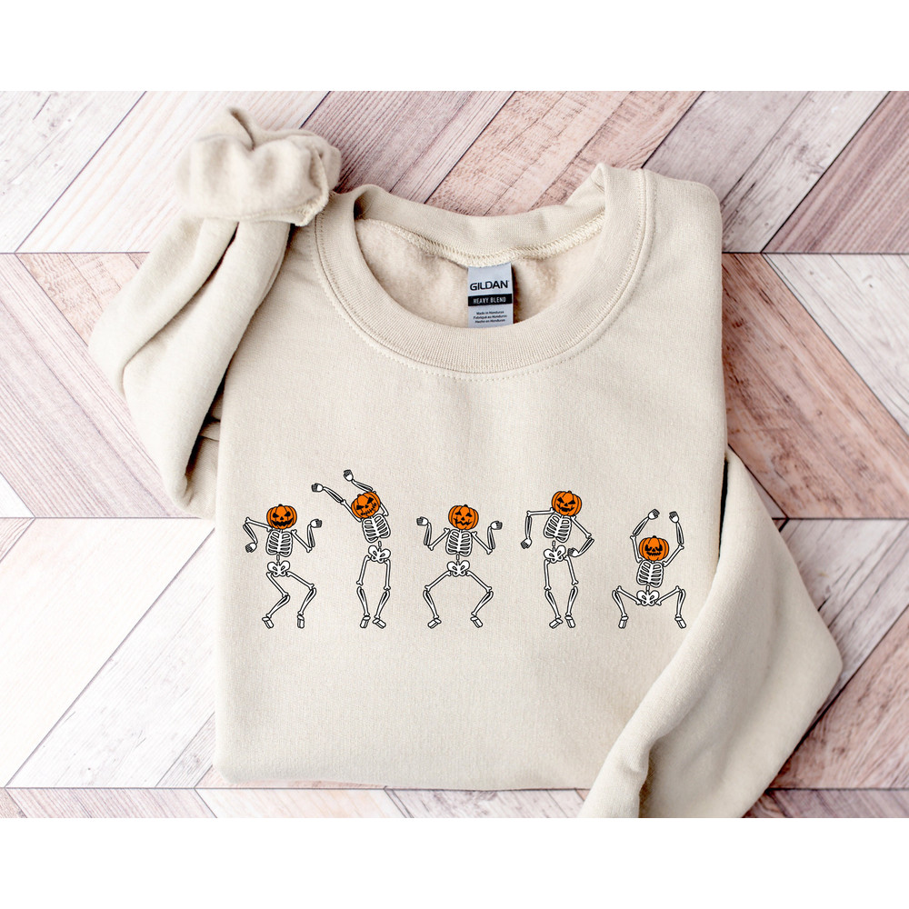 Halloween Skeleton Sweatshirt, Dancing Skeleton Sweatshirt, Pumpkin Skeleton Graphic Sweater, Halloween Gifts, Fall Halloween Sweatshirt.jpg