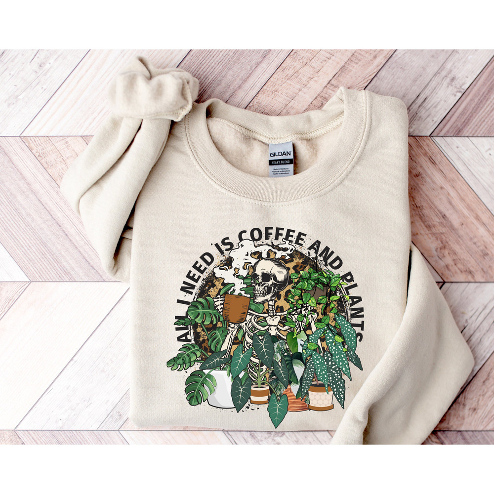 Skeleton Plant Lover Sweatshirt, All I Need Is Coffee And Plants Sweatshirt, Halloween Leopard Plant Lady Shirt, Gift For Plant, Plant Mom T.jpg