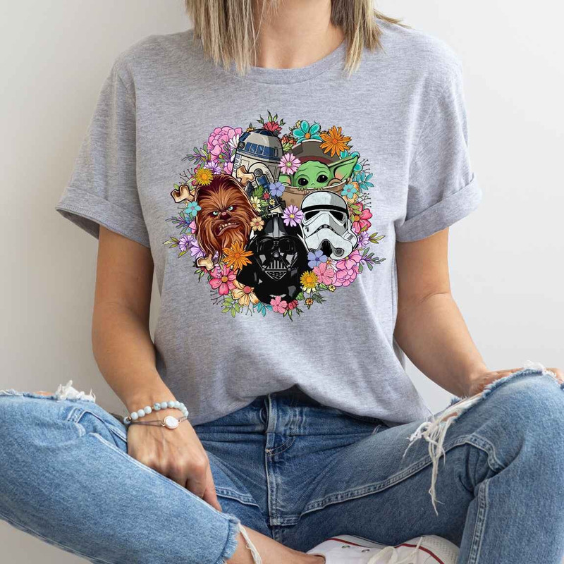 Star Wars Characters Shirt, Darth Vader, Baby Yoda, Stormtrooper, R2-D2, Chewbacca, Star Wars movies Tee, Floral Star Wars Gift Shirt.jpg