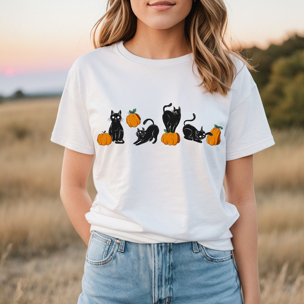 Black Cat And Pumpkin Tshirt, Fall Ghost Bundle Sweatshirt, Cute Halloween Pumpkin Tee, Spooky Season Party Gifts, Funny Cat Gifts.jpg