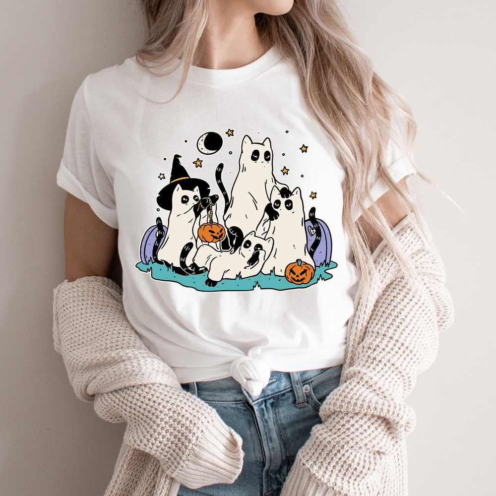 Ghost Cat Hallowee Tshirt, Fall Ghost Cat Scary Pumpkin Sweatshirt, Cat Witch Halloween Tee, Halloween Party Gifts, Halloween Vibes Tee.jpg