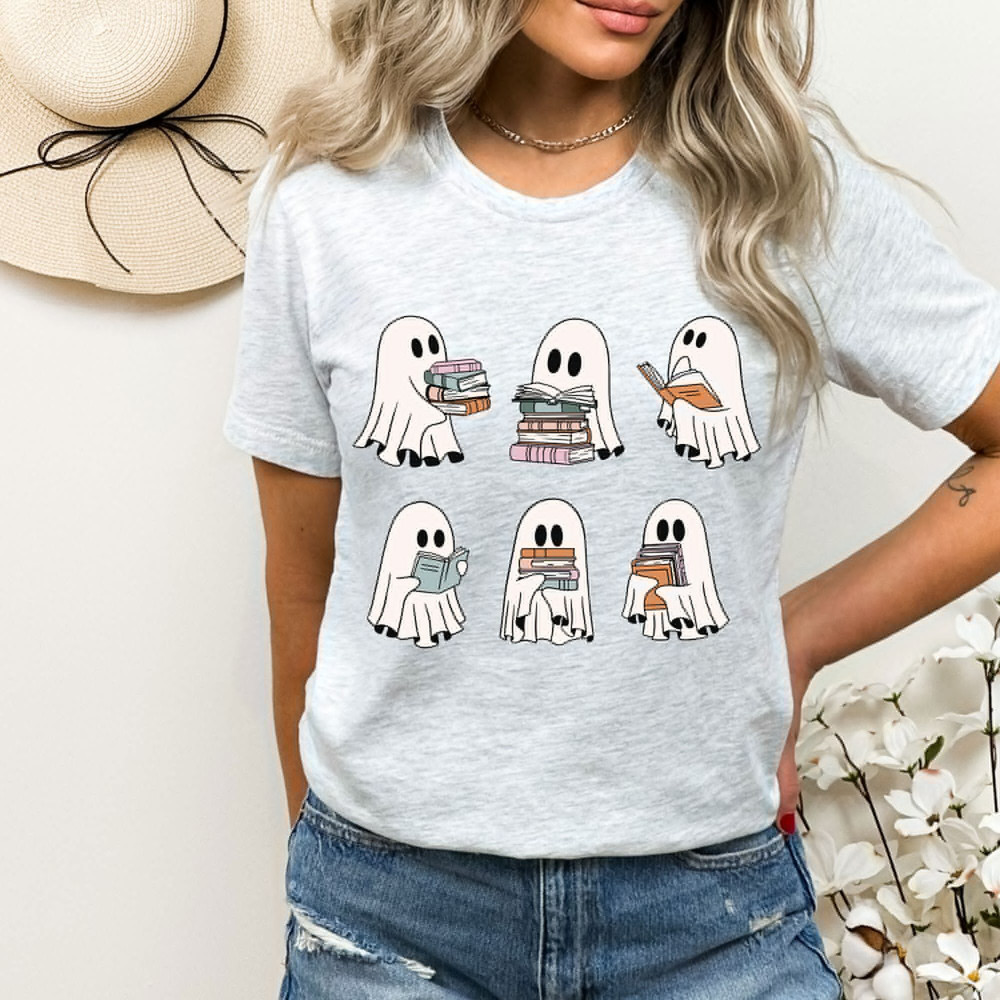 Halloween Ghosts Reading Books Tshirt, Spooky Teacher Ghost Sweatshirt, Teacher Teams Shirt, Cute Spooky Vibes Tee, Halloween Uniqe Gifts.jpg