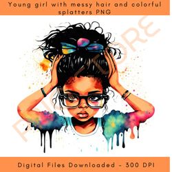 young girl with messy hair and colorful splatters png