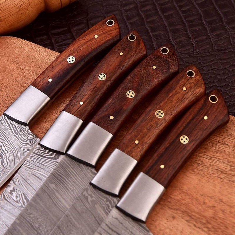Custom Handmade 5PCS Damascus Steel Kitchen Chef Knives Set Full Tang Wooden Handle With Leather Ro 2