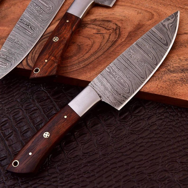 Custom Handmade 5PCS Damascus Steel Kitchen Chef Knives Set Full Tang Wooden Handle With Leather Ro 4