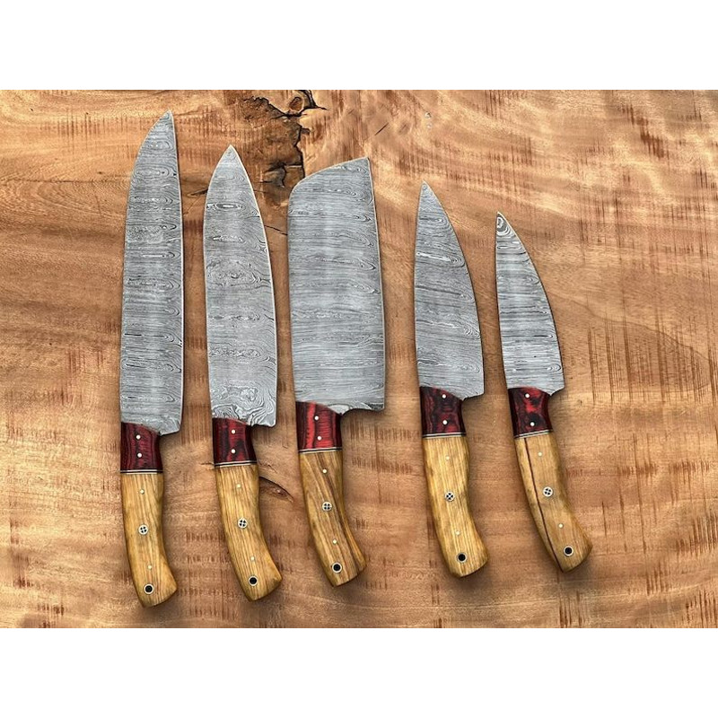 Custom Handmade 5PCS Damascus Steel Kitchen Chef Knives Set Full Tang Wood And Pakka Wood Handle Wi 0