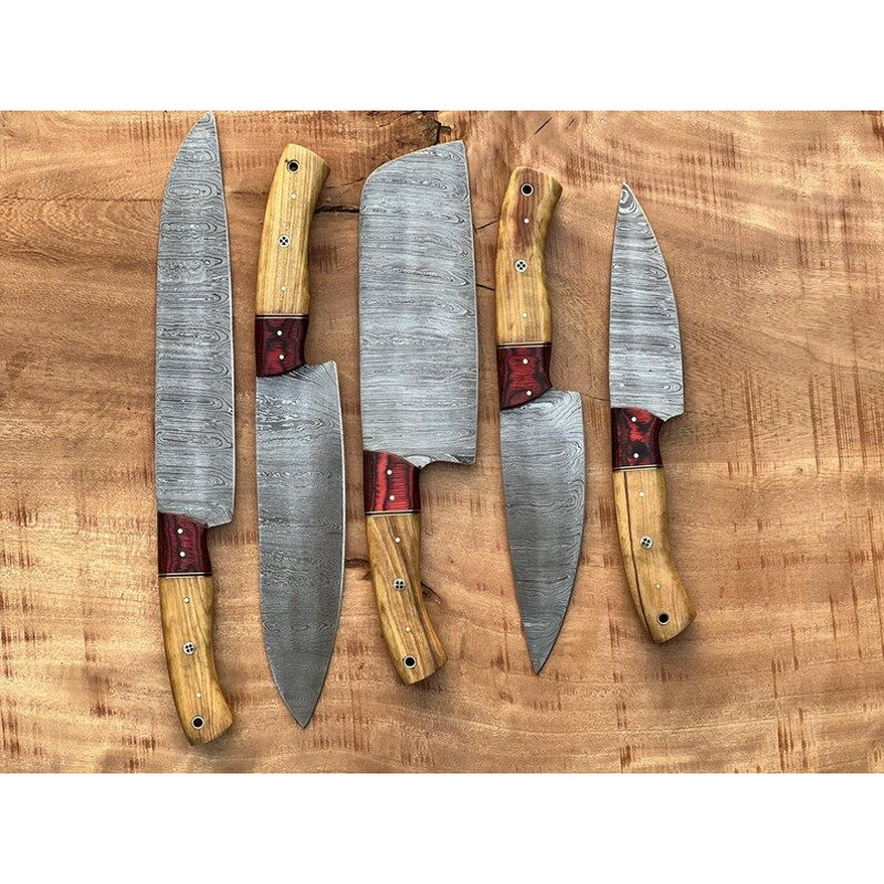 Custom Handmade 5PCS Damascus Steel Kitchen Chef Knives Set Full Tang Wood And Pakka Wood Handle Wi 9