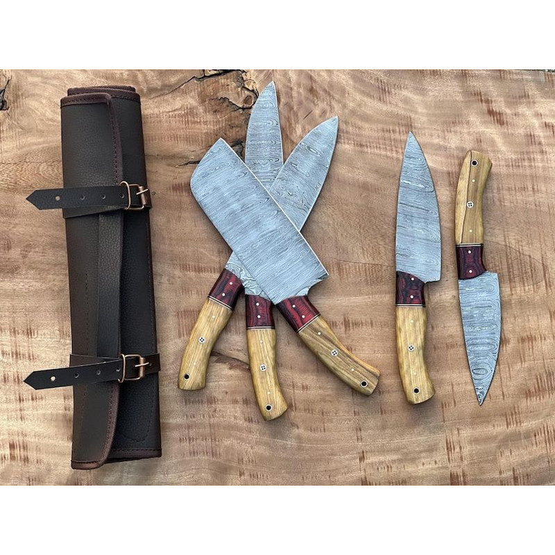 Custom Handmade 5PCS Damascus Steel Kitchen Chef Knives Set Full Tang Wood And Pakka Wood Handle Wi 1