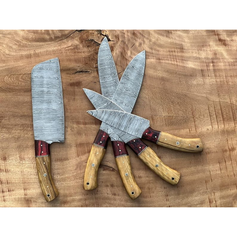 Custom Handmade 5PCS Damascus Steel Kitchen Chef Knives Set Full Tang Wood And Pakka Wood Handle Wi 3