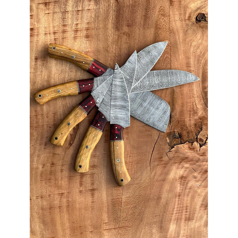 Custom Handmade 5PCS Damascus Steel Kitchen Chef Knives Set Full Tang Wood And Pakka Wood Handle Wi 4