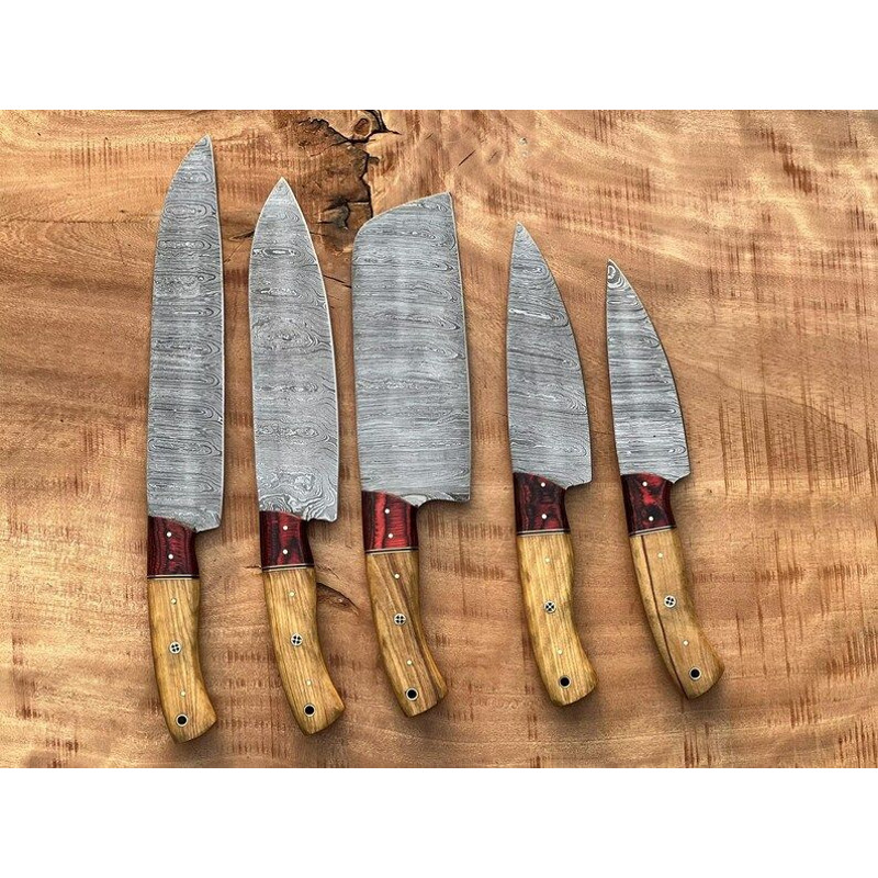 Custom Handmade 5PCS Damascus Steel Kitchen Chef Knives Set Full Tang Wood And Pakka Wood Handle Wi 6