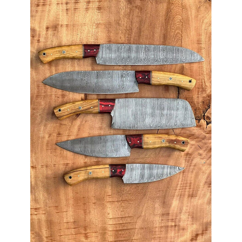 Custom Handmade 5PCS Damascus Steel Kitchen Chef Knives Set Full Tang Wood And Pakka Wood Handle Wi 8