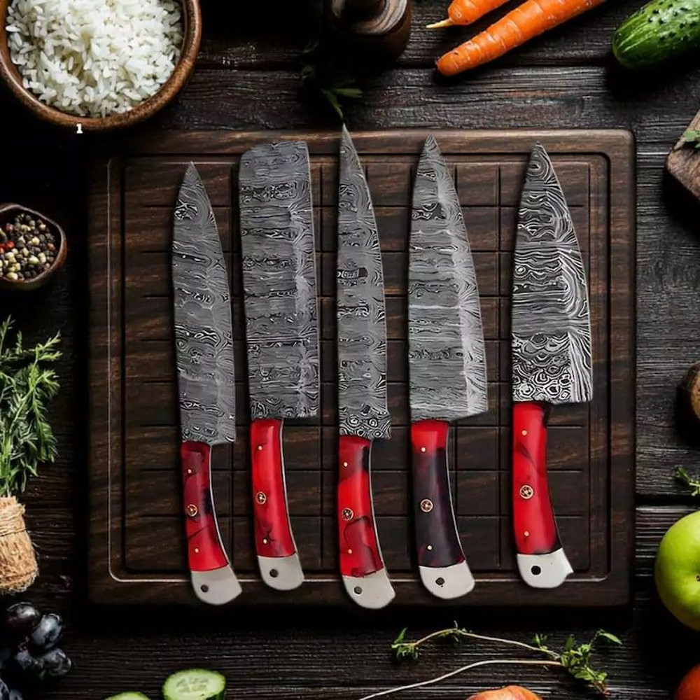 Custom Handmade 5PCS Damascus Steel Kitchen Chef Knives Set Full Tang Resin Sheet Handle With Leath 0