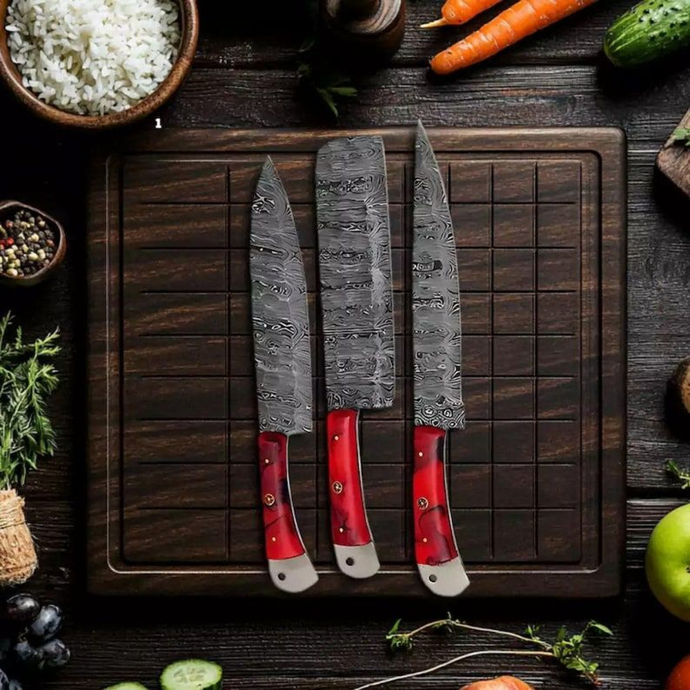 Custom Handmade 5PCS Damascus Steel Kitchen Chef Knives Set Full Tang Resin Sheet Handle With Leath 1