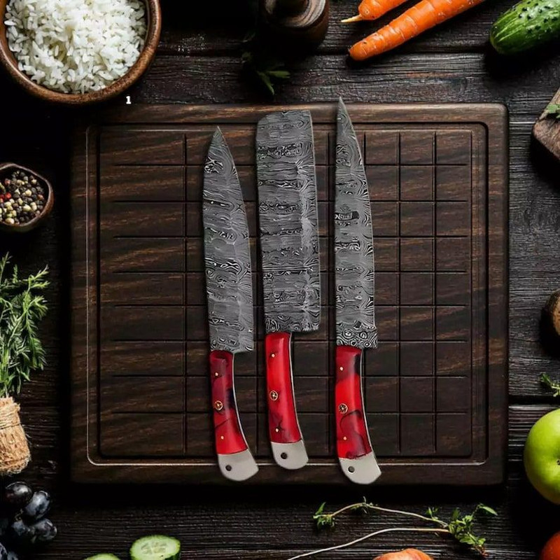Custom Handmade 5PCS Damascus Steel Kitchen Chef Knives Set Full Tang Resin Sheet Handle With Leath 1