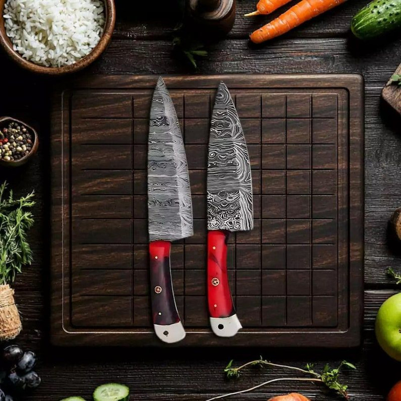 Custom Handmade 5PCS Damascus Steel Kitchen Chef Knives Set Full Tang Resin Sheet Handle With Leath 2