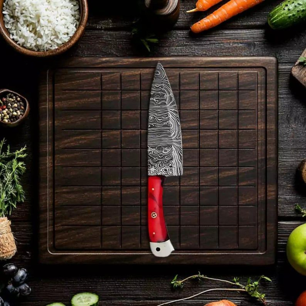 Custom Handmade 5PCS Damascus Steel Kitchen Chef Knives Set Full Tang Resin Sheet Handle With Leath 3