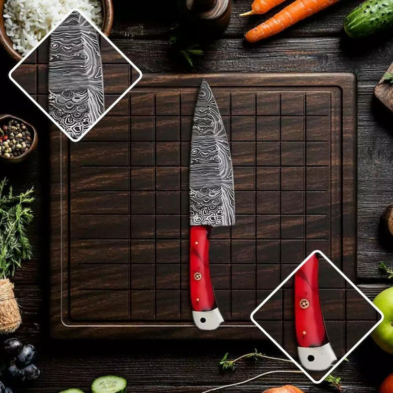 Custom Handmade 5PCS Damascus Steel Kitchen Chef Knives Set Full Tang Resin Sheet Handle With Leath 4