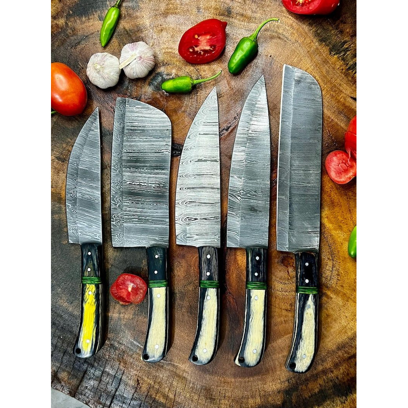 Custom Handmade 5PCS Damascus Steel Kitchen Chef Knives Set Full Tang Pakka Wood Handle With Leathe 1