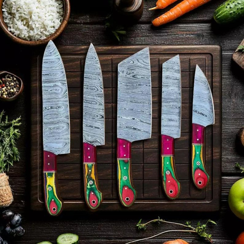 Custom Handmade 5PCS Damascus Steel Kitchen Chef Knives Set Full Tang MultiColor Pakka Wood Handle 0