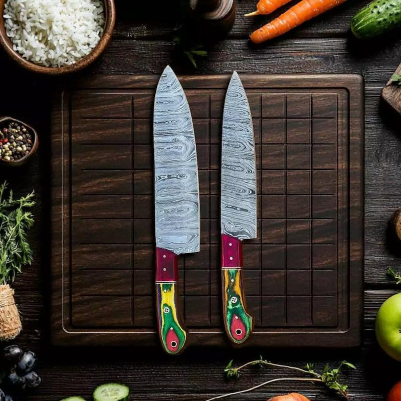 Custom Handmade 5PCS Damascus Steel Kitchen Chef Knives Set Full Tang MultiColor Pakka Wood Handle 1