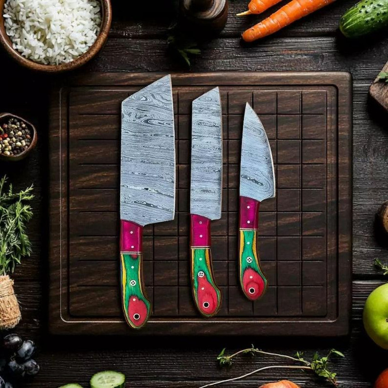 Custom Handmade 5PCS Damascus Steel Kitchen Chef Knives Set Full Tang MultiColor Pakka Wood Handle 2