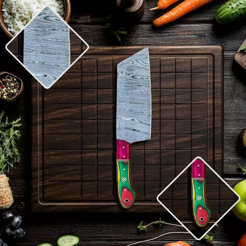 Custom Handmade 5PCS Damascus Steel Kitchen Chef Knives Set Full Tang MultiColor Pakka Wood Handle 4