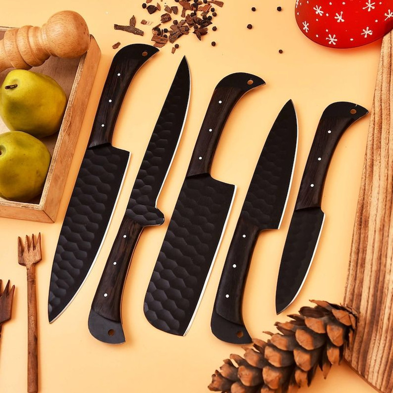 Custom Handmade 5PCS Damascus Steel Kitchen Chef Knives Set Full Tang Wengi Wood Handle With Leathe 0