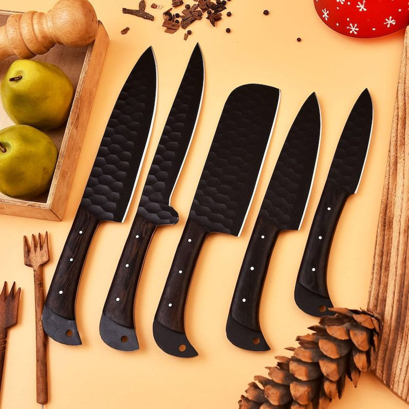 Custom Handmade 5PCS Damascus Steel Kitchen Chef Knives Set Full Tang Wengi Wood Handle With Leathe 1