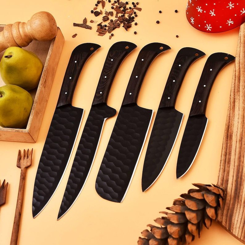 Custom Handmade 5PCS Damascus Steel Kitchen Chef Knives Set Full Tang Wengi Wood Handle With Leathe 2