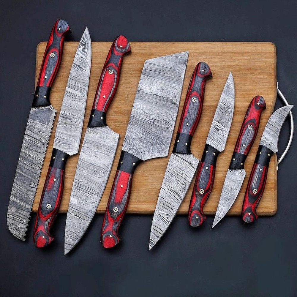 Custom Handmade 8PCS Damascus Steel Kitchen Chef Knives Set Full Tang Pakka Wood Handle With Leathe 0