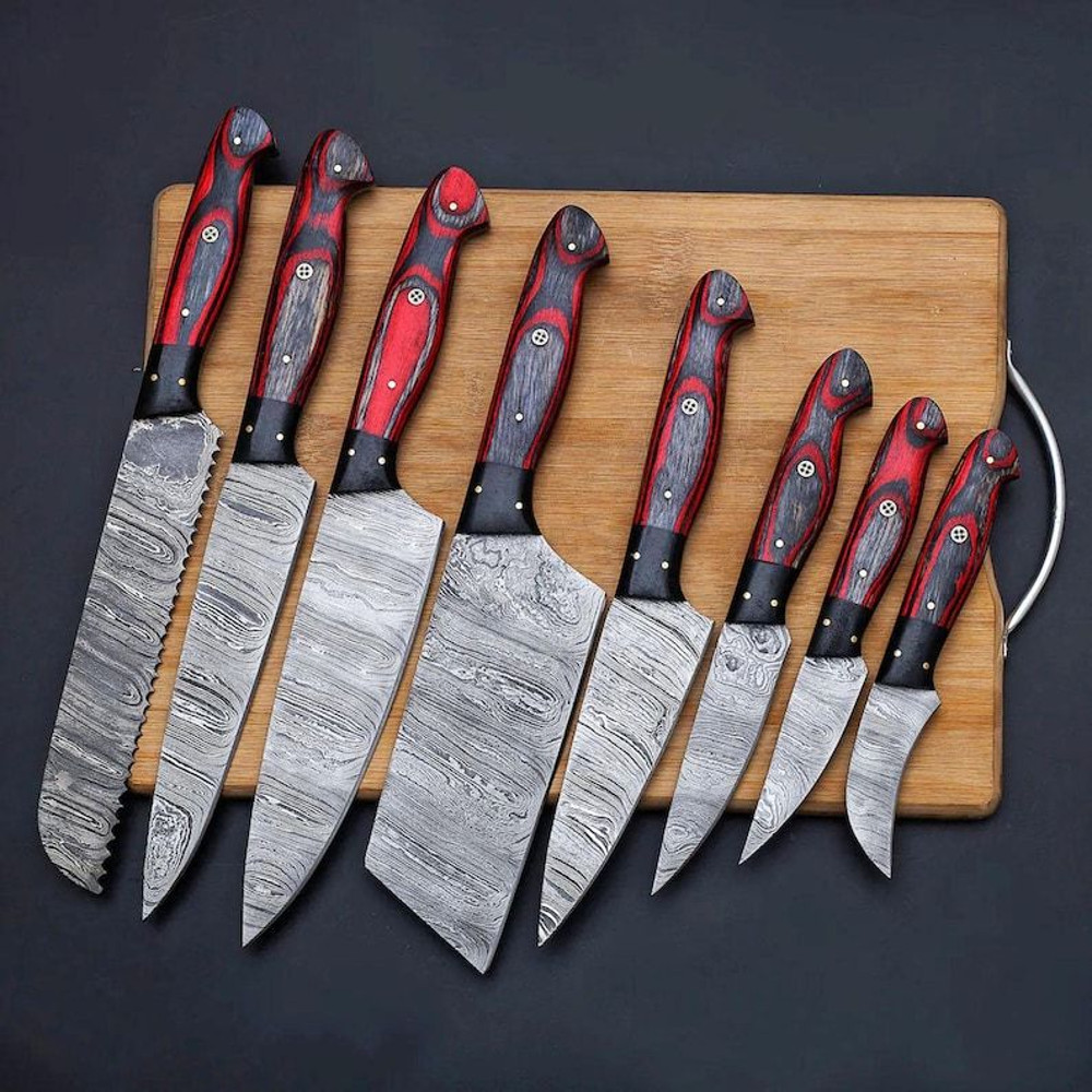 Custom Handmade 8PCS Damascus Steel Kitchen Chef Knives Set Full Tang Pakka Wood Handle With Leathe 1